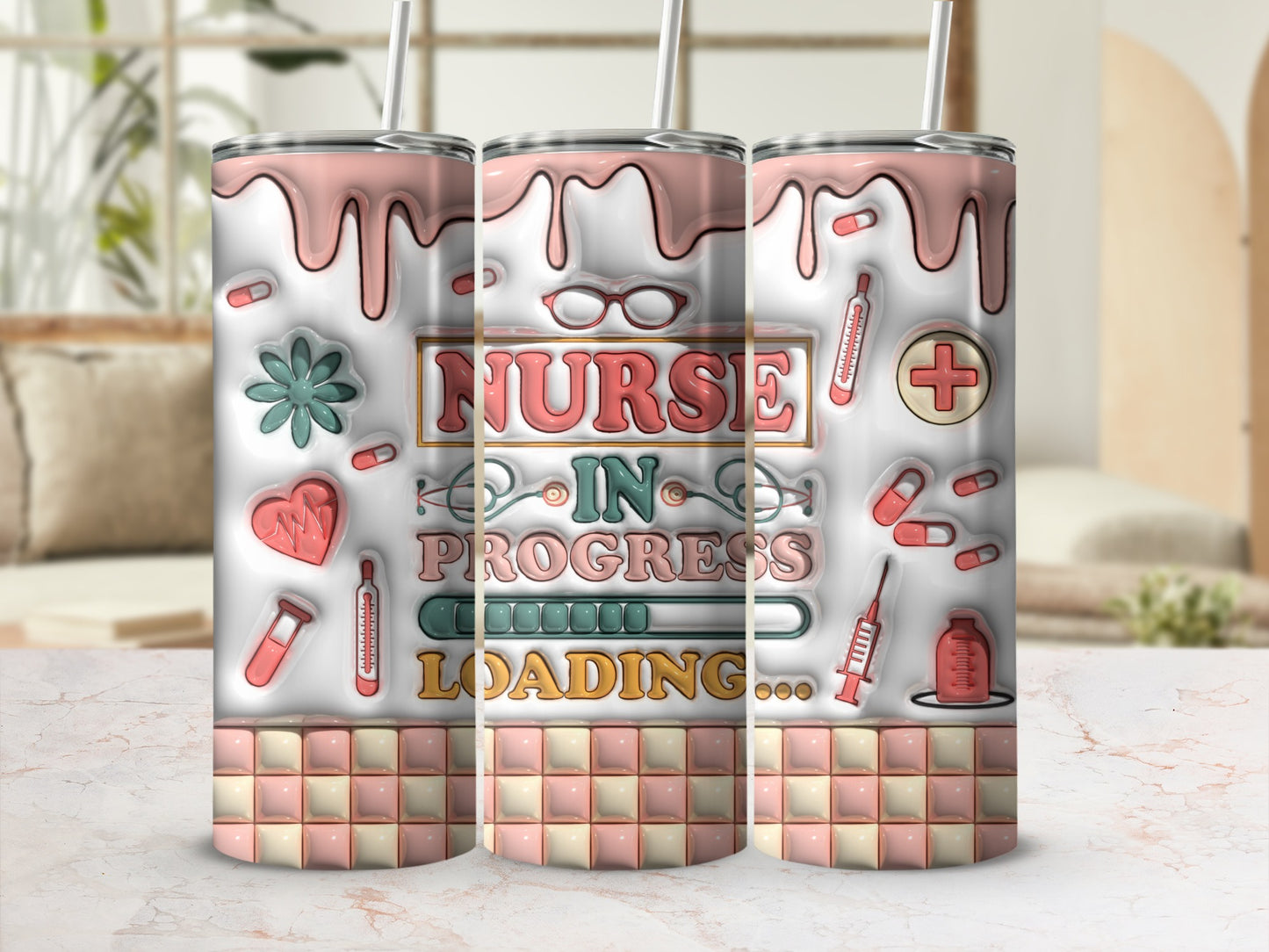 Pink dripping tumbler with "Nurse in Progress" and medical icons.