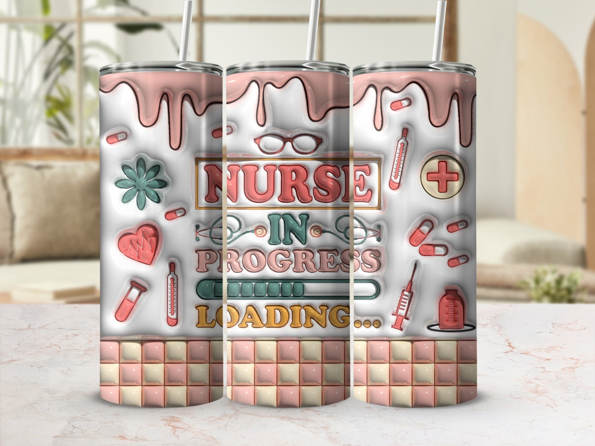 Pink dripping tumbler with "Nurse in Progress" and medical icons.