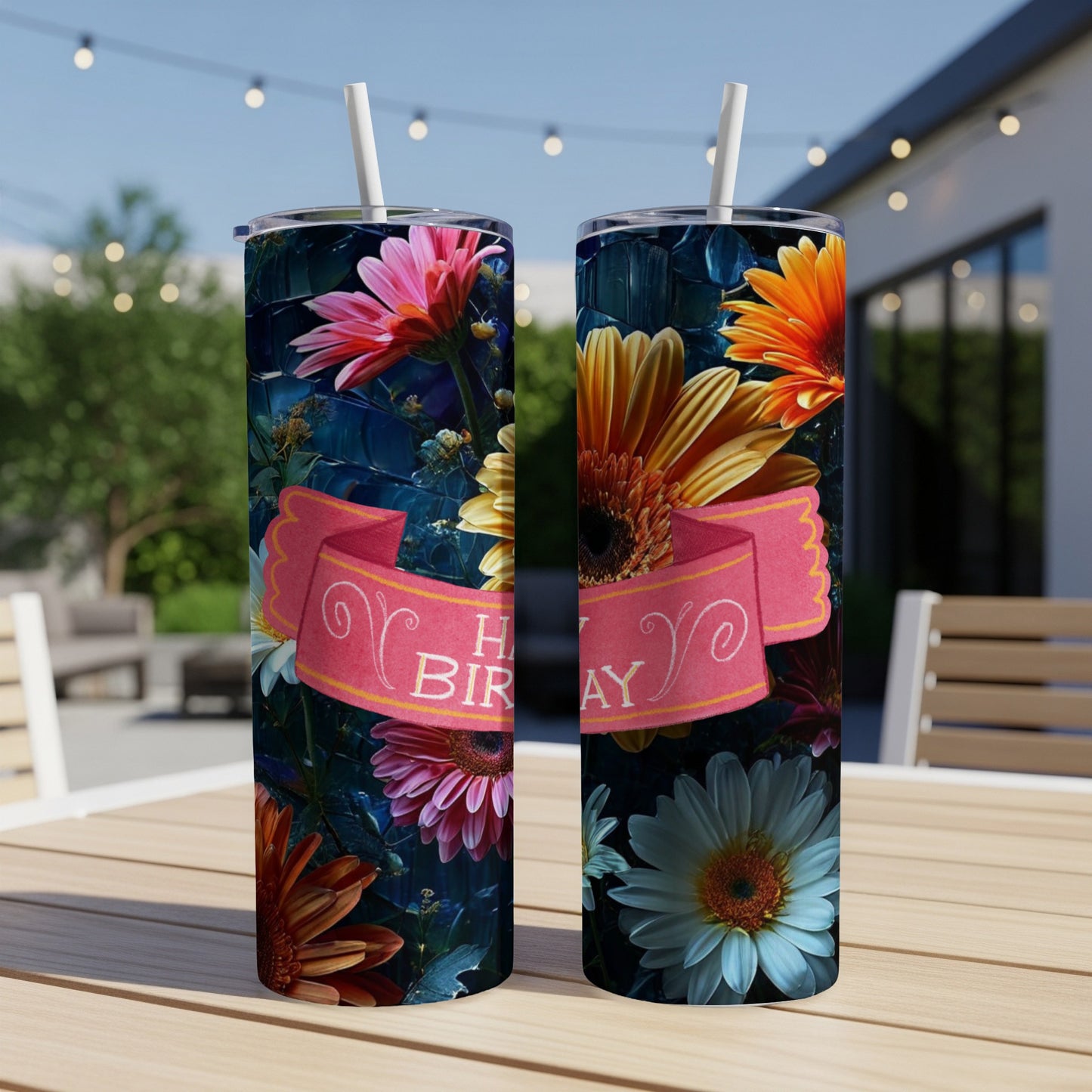Two tumblers with floral design and "Happy Birthday" banner.