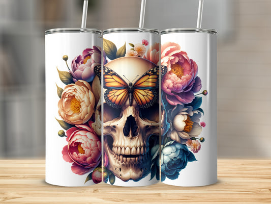 Skull with butterfly and flowers design on three tumblers.