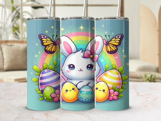 Easter bunny with colorful eggs and butterflies, rainbow background.