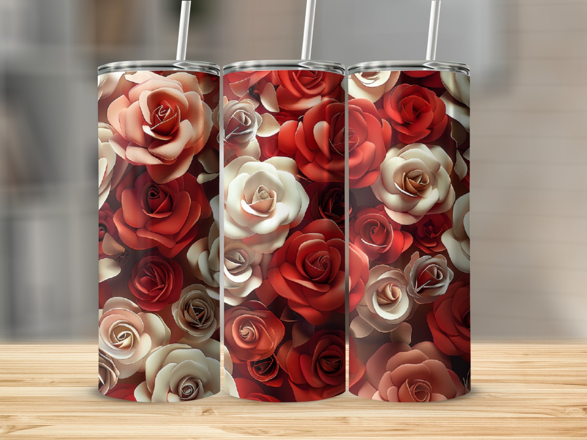 Three tumblers with a red and white rose floral pattern.