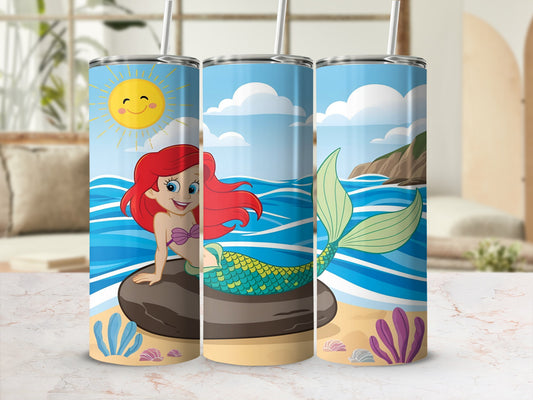 Mermaid with red hair sitting on a rock, with a sunny sky and ocean background.