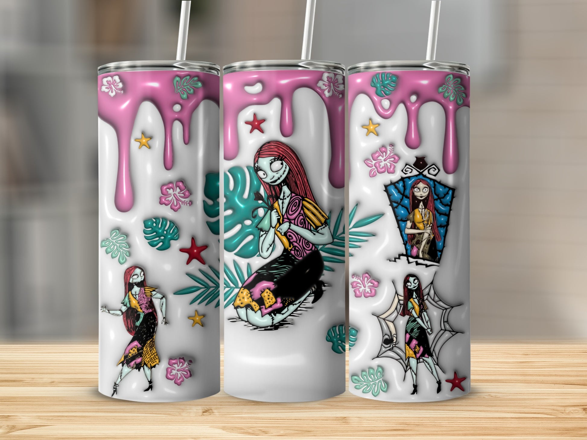Three tumblers with a Halloween-themed design featuring Sally from The Nightmare Before Christmas.