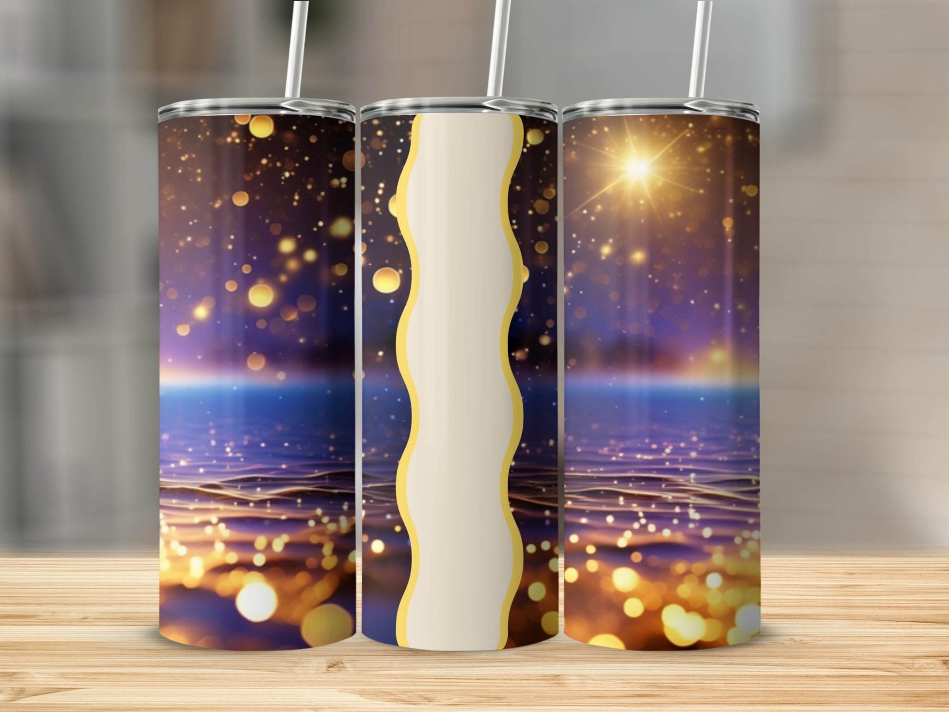Three tumblers with bokeh lights and starburst effect on a wooden surface.