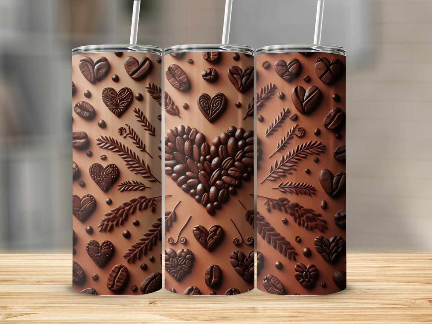 Three seamless patterned tumblers featuring coffee beans and heart shapes.