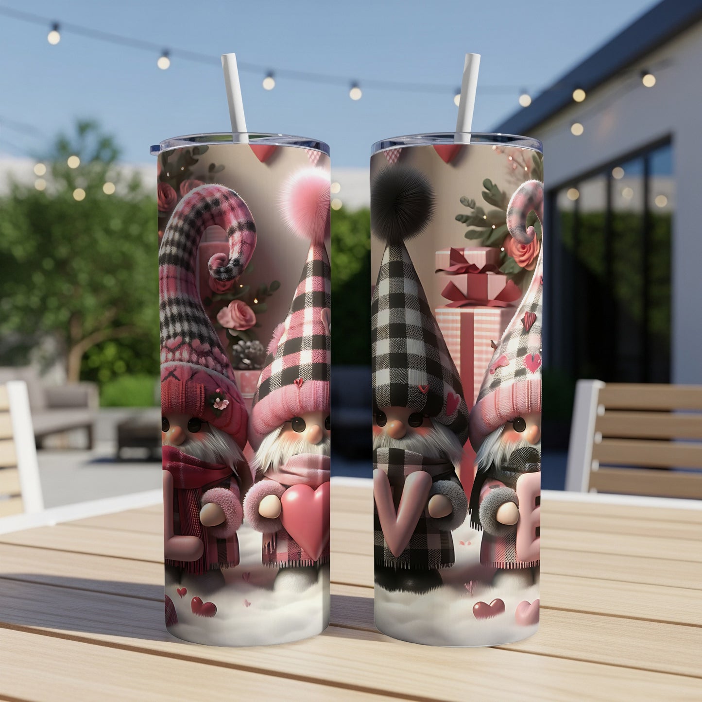 Valentine's Day gnomes with hearts and "LOVE" text on tumblers.