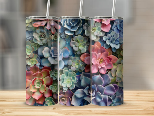 Triptych of tumblers with colorful succulent plant designs.
