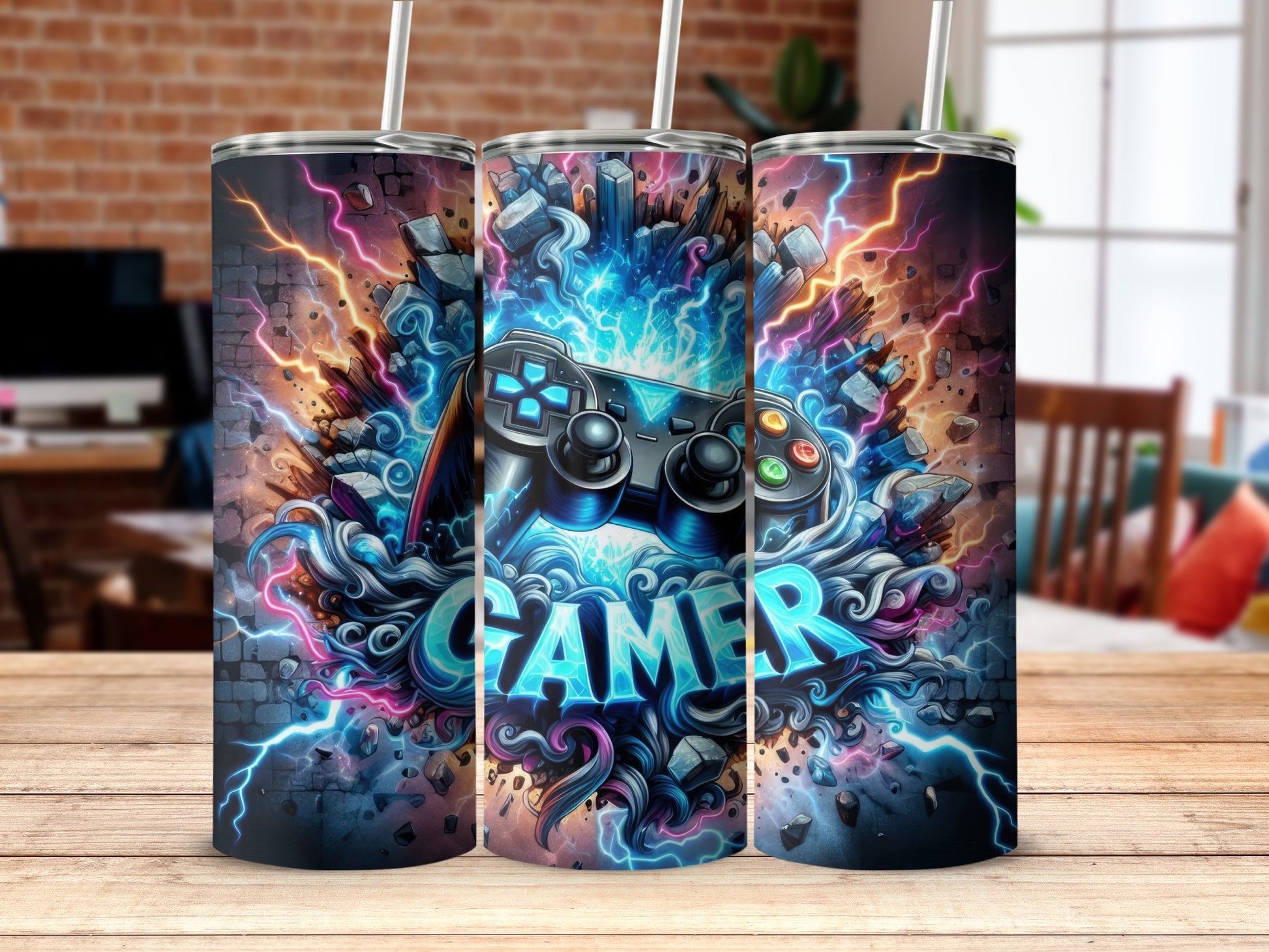Vibrant Gamer Tumbler with Explosive Graphics