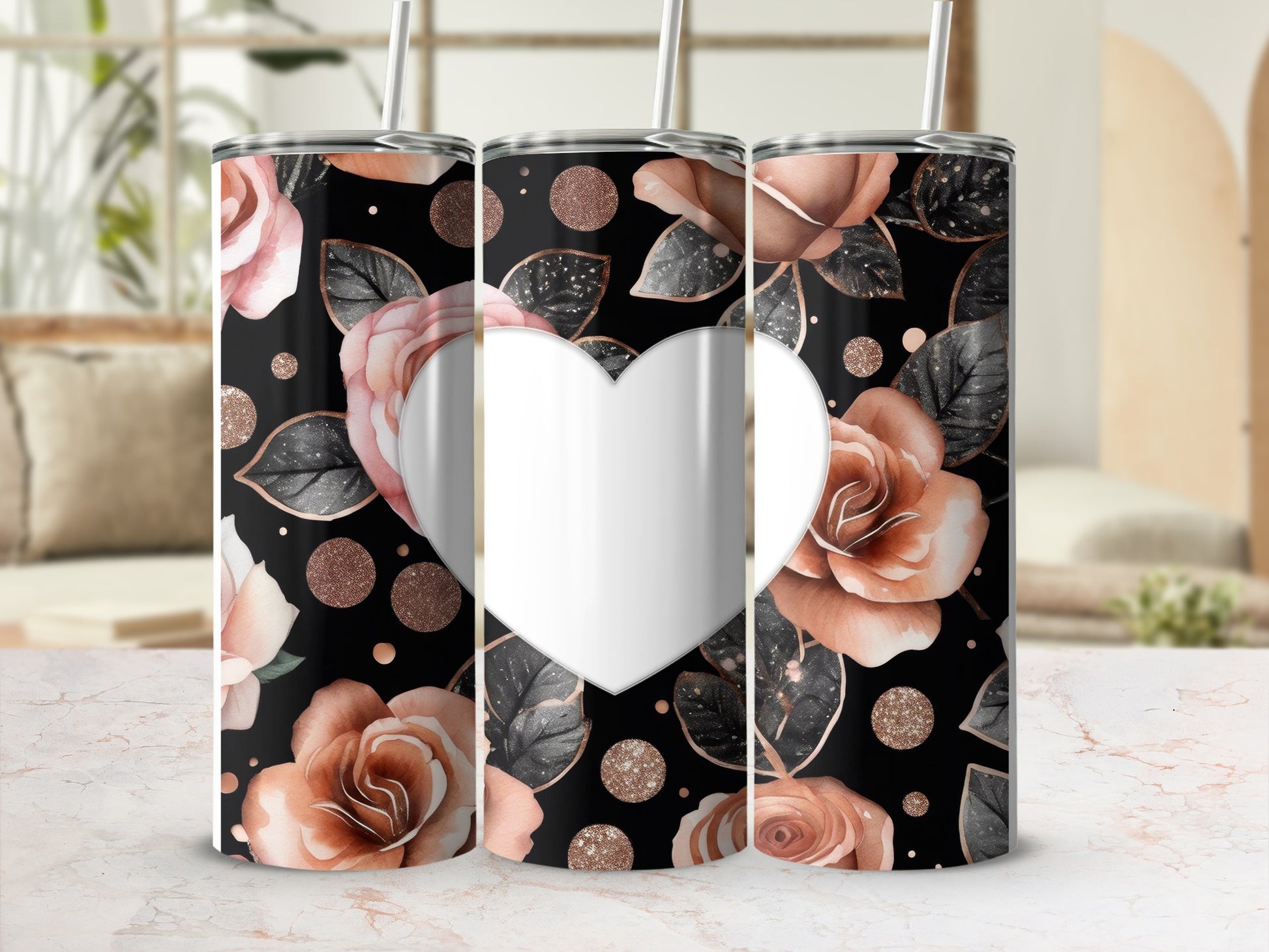 Black tumbler with rose and heart design, featuring glitter accents.