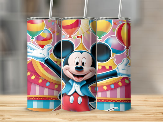 Mickey Mouse in a tuxedo with balloons and circus tents.