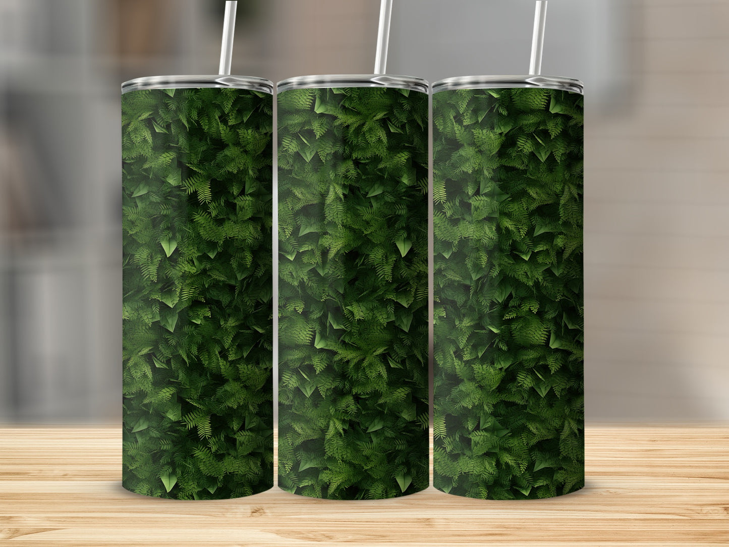 Trio of tumblers featuring a dense, green fern leaf pattern.