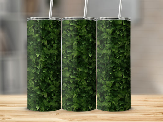Trio of tumblers featuring a dense, green fern leaf pattern.