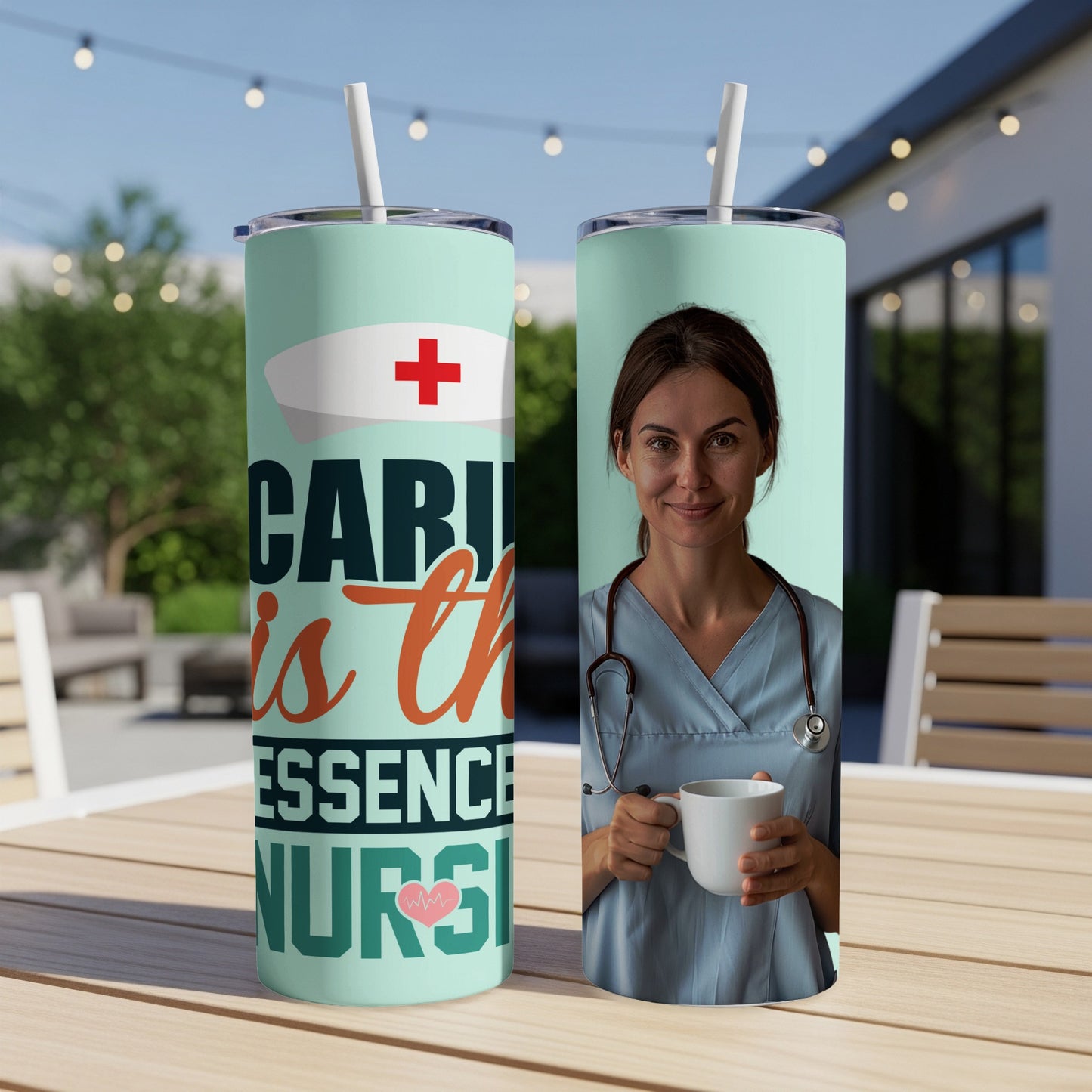 Nurse holding coffee cup, "Caring is the essence of nursing" text.