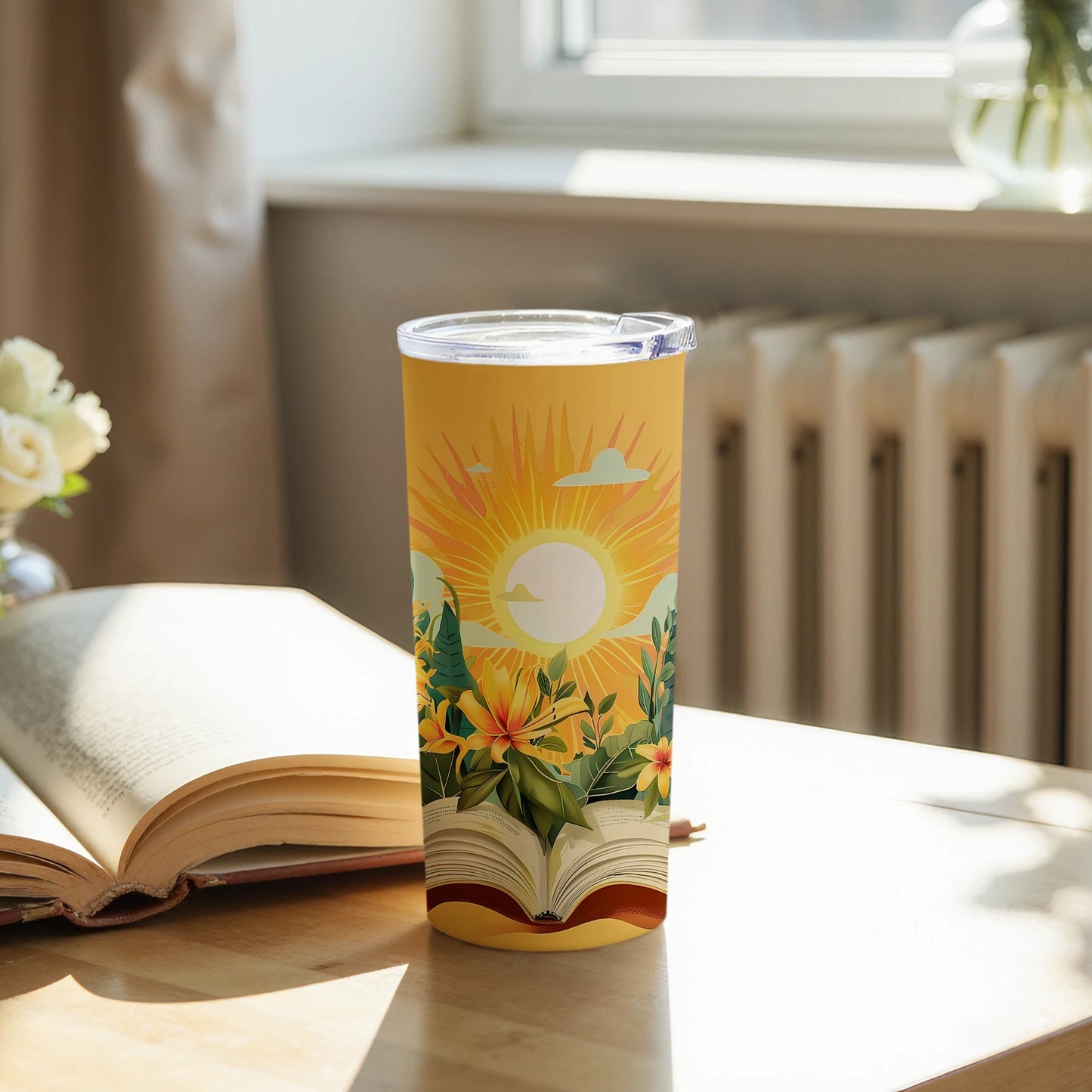 Radiant Sun Flowers Leaves Open Book Scene product type
Tumbler, Sunny design, Floral art, Open book, Reading theme, Nature inspired, Bright colors, Summer vibe, Book lover, Artistic print, Drinkware, Travel mug, Gift idea, Unique design, Yellow sun, Flower pattern, Foliage print, Literary gift, Story time, Beautiful design