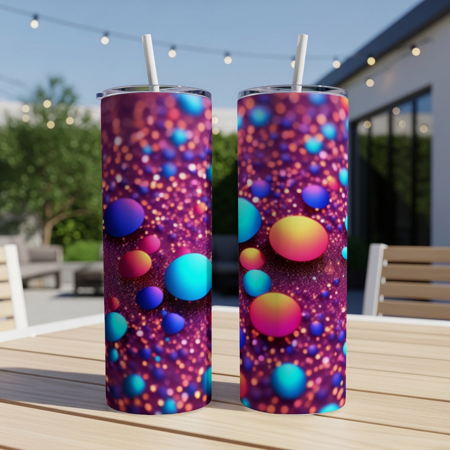 Two tall tumblers with colorful bokeh pattern, white straws.