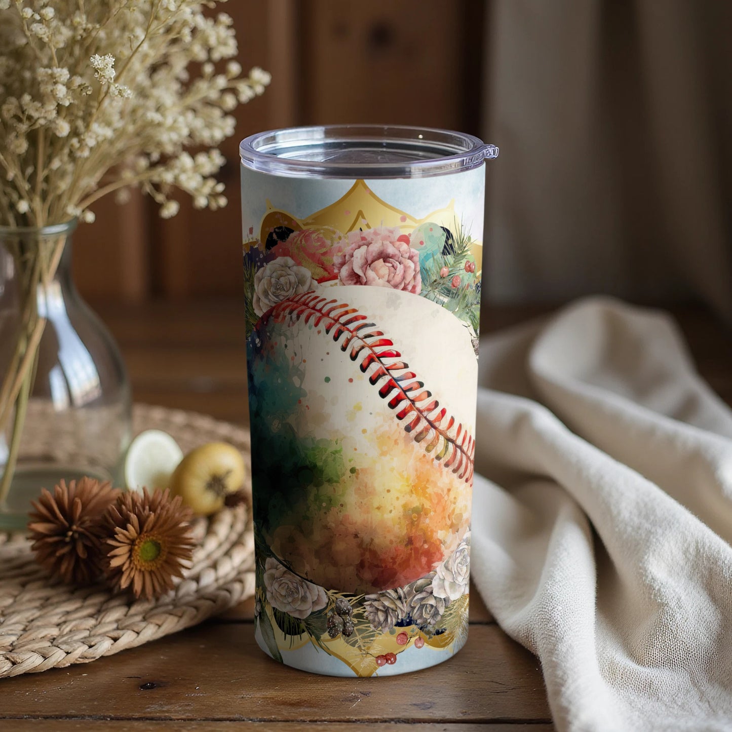 Colorful Baseball and Floral Art Design Tumbler