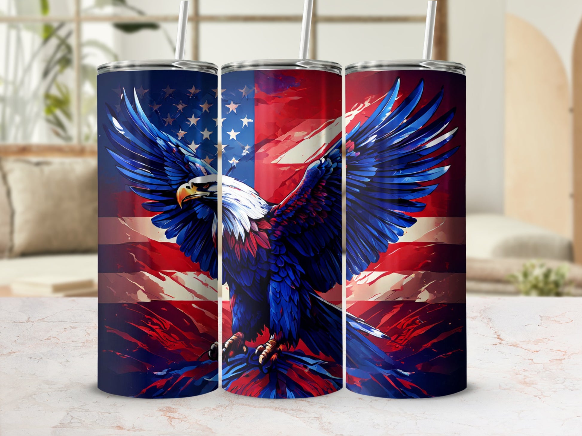 American flag eagle design on three tumblers with straws.