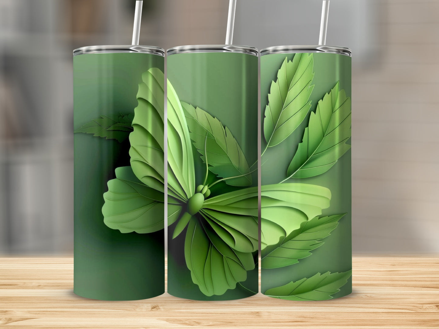Green butterfly with detailed wings on a green tumbler.