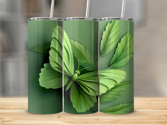 Green butterfly with detailed wings on a green tumbler.