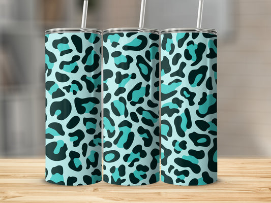 Three tumblers with a teal and black leopard print pattern.