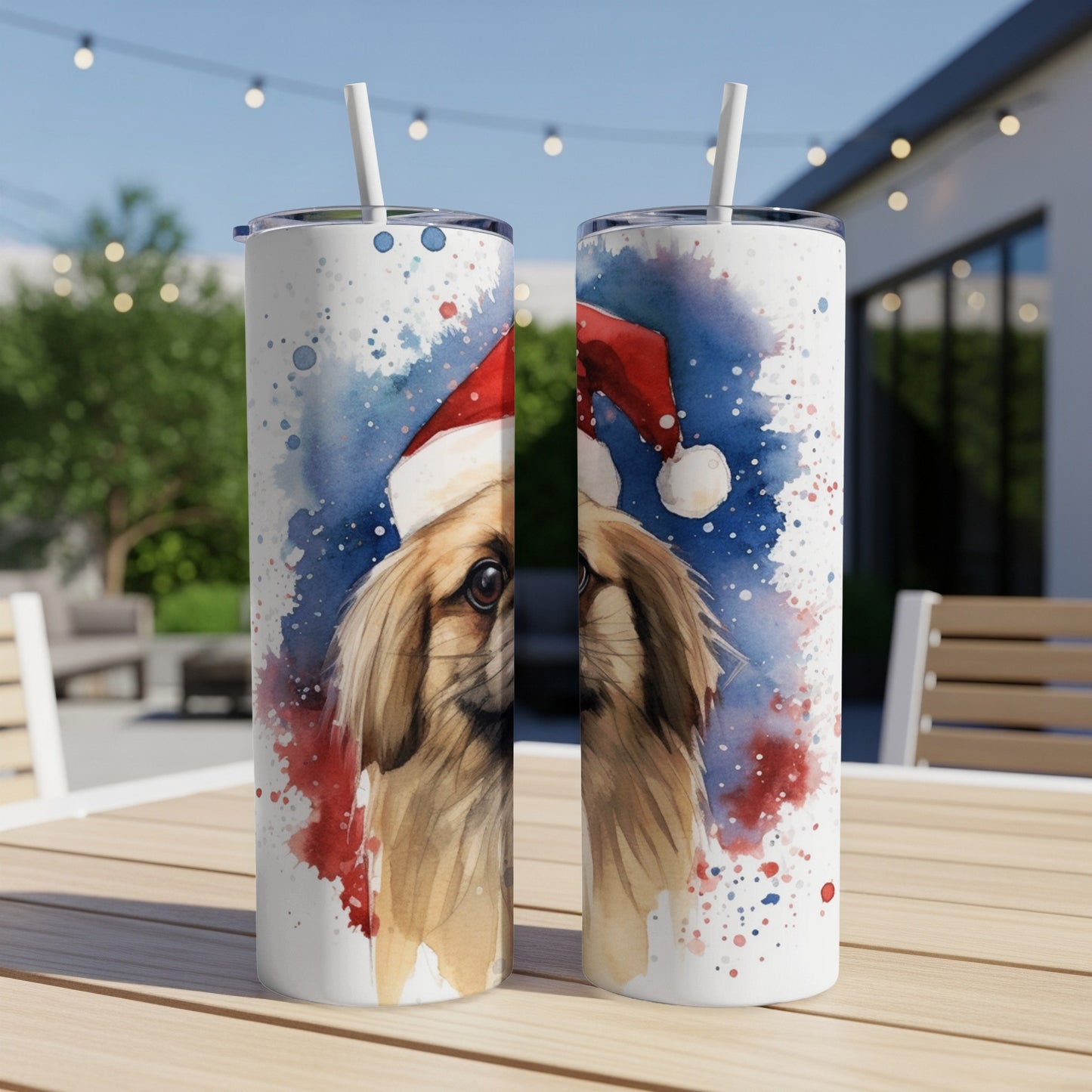 Watercolor painting of a pekingese dog wearing a Santa hat on a tumbler.