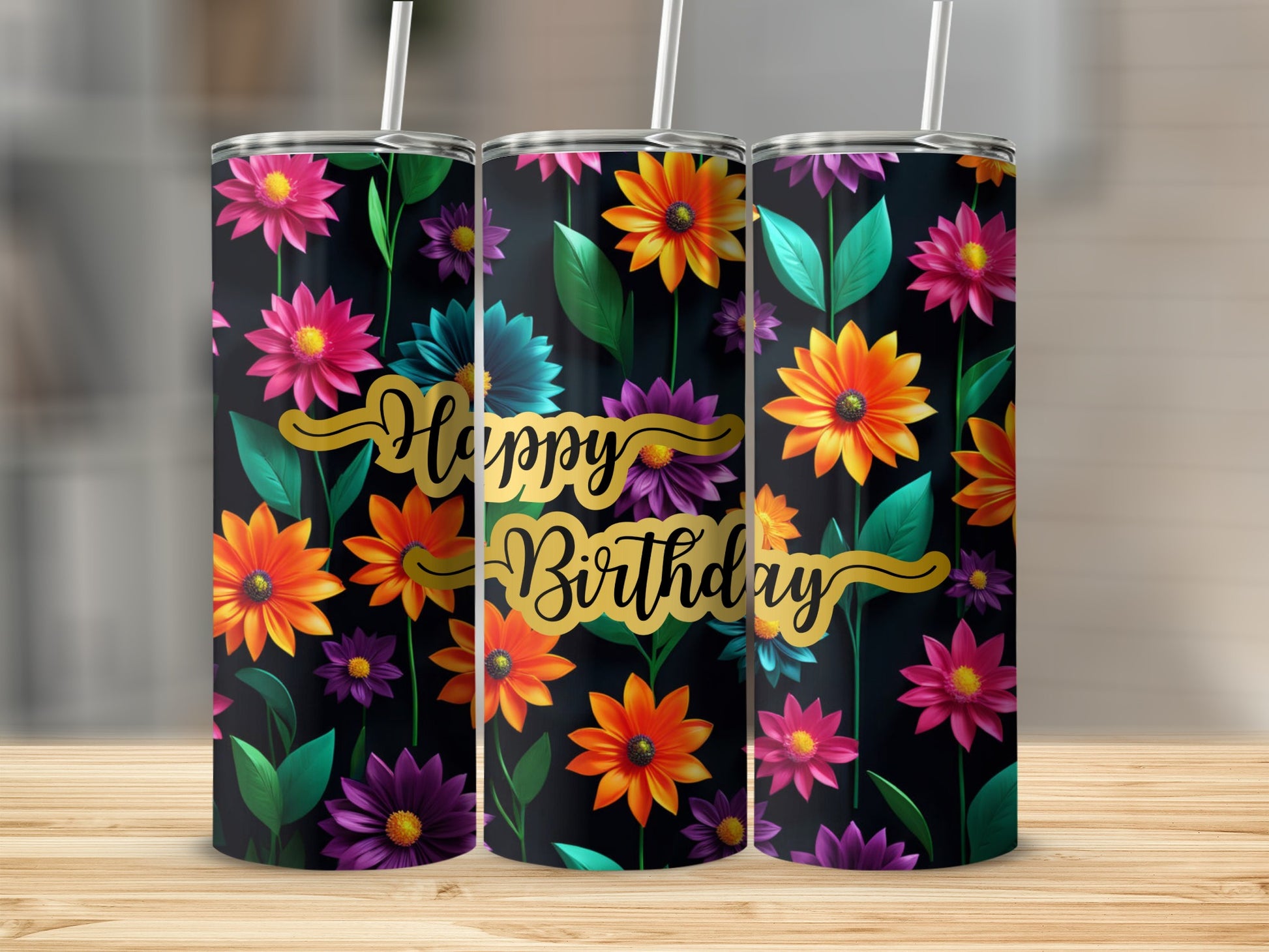 Happy Birthday tumbler with colorful flowers on black background.