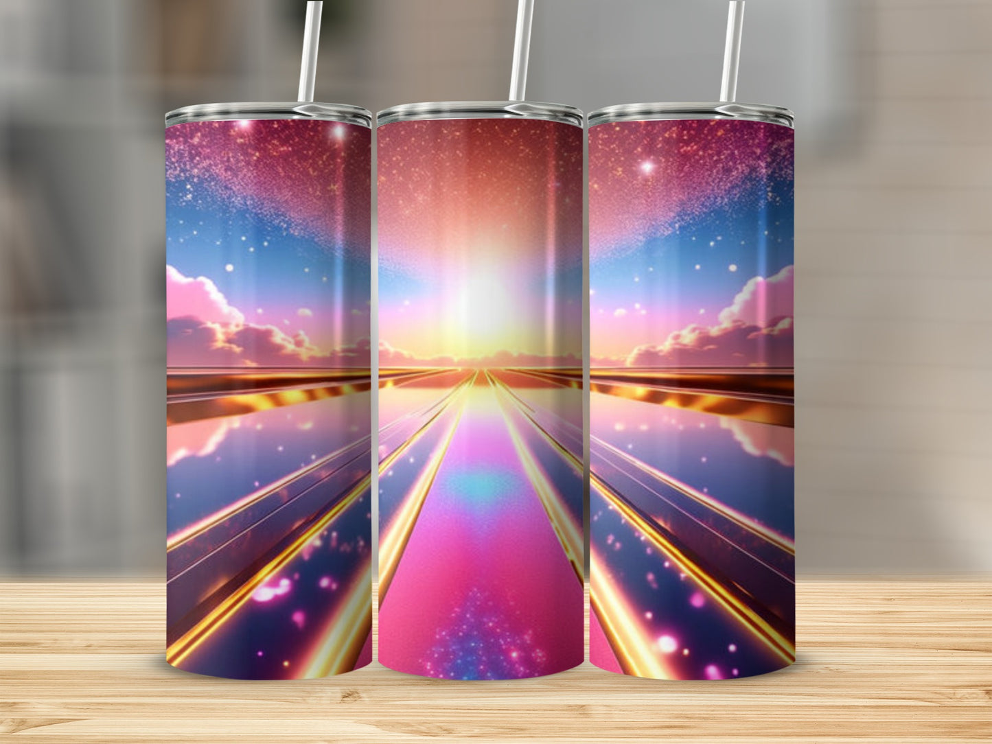 Cosmic pathway with vibrant colors and stars on three tumblers.
