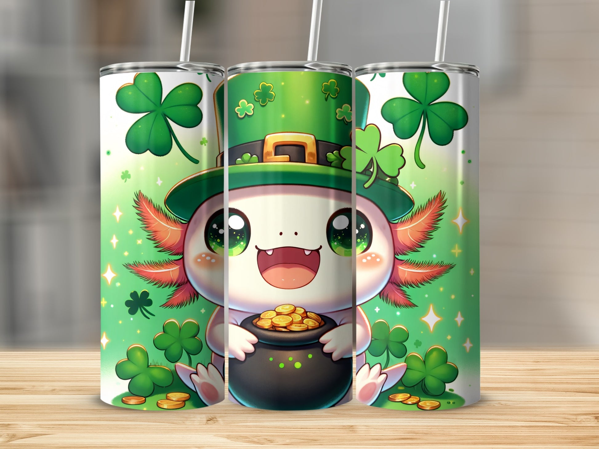 Cute axolotl in a leprechaun hat holding a pot of gold.