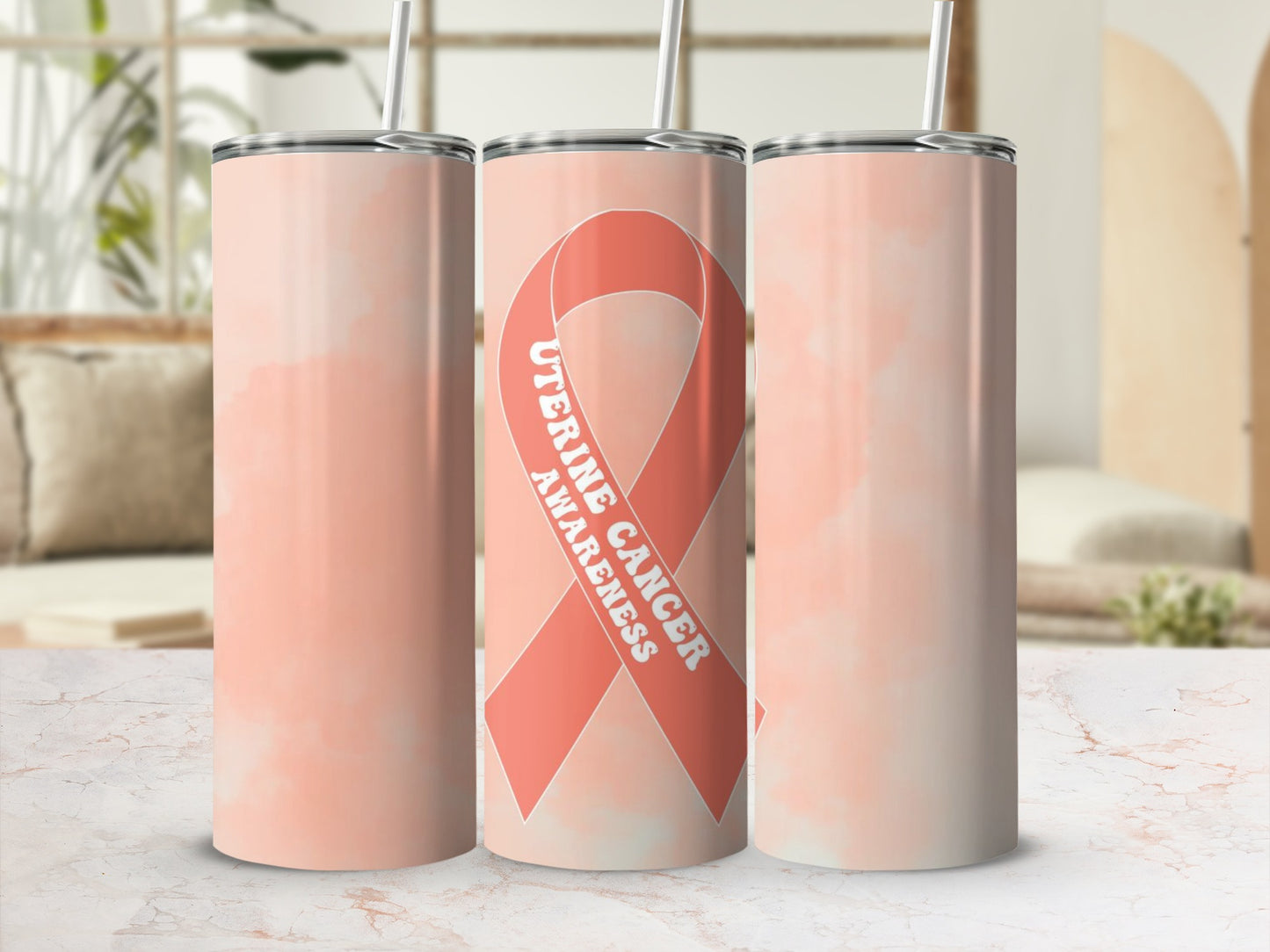 Uterine Cancer Awareness Tumbler with Pink Ribbon Design