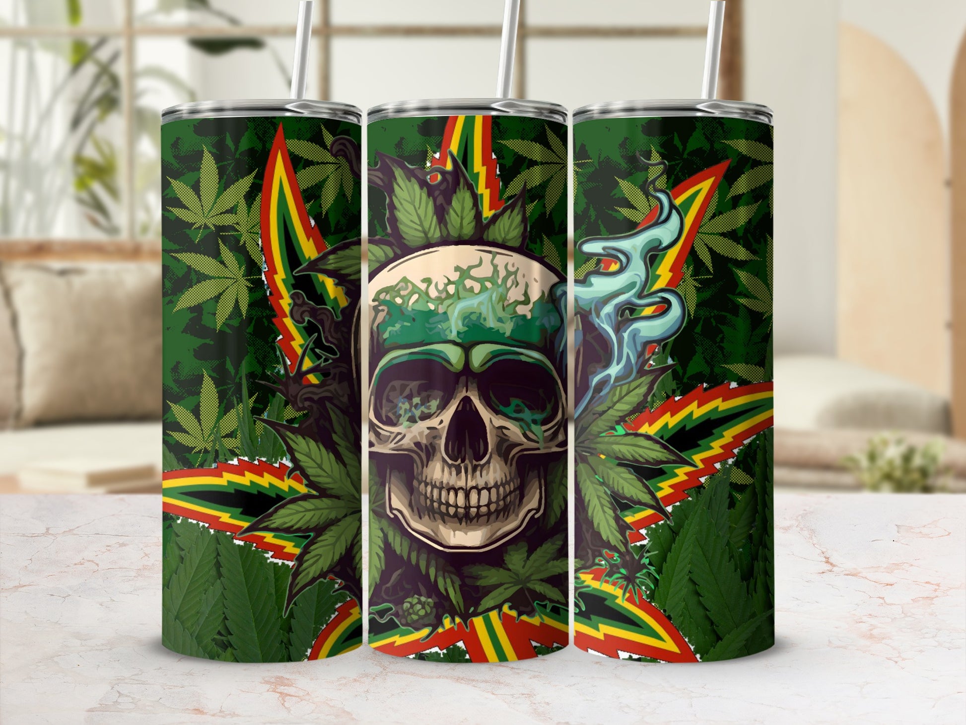 Skull with Cannabis Leaves and Smoke Tumbler Cup