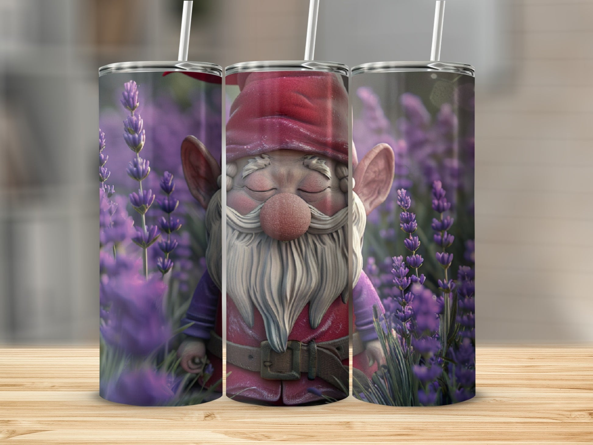 Gnome in purple hat and outfit among lavender blooms.