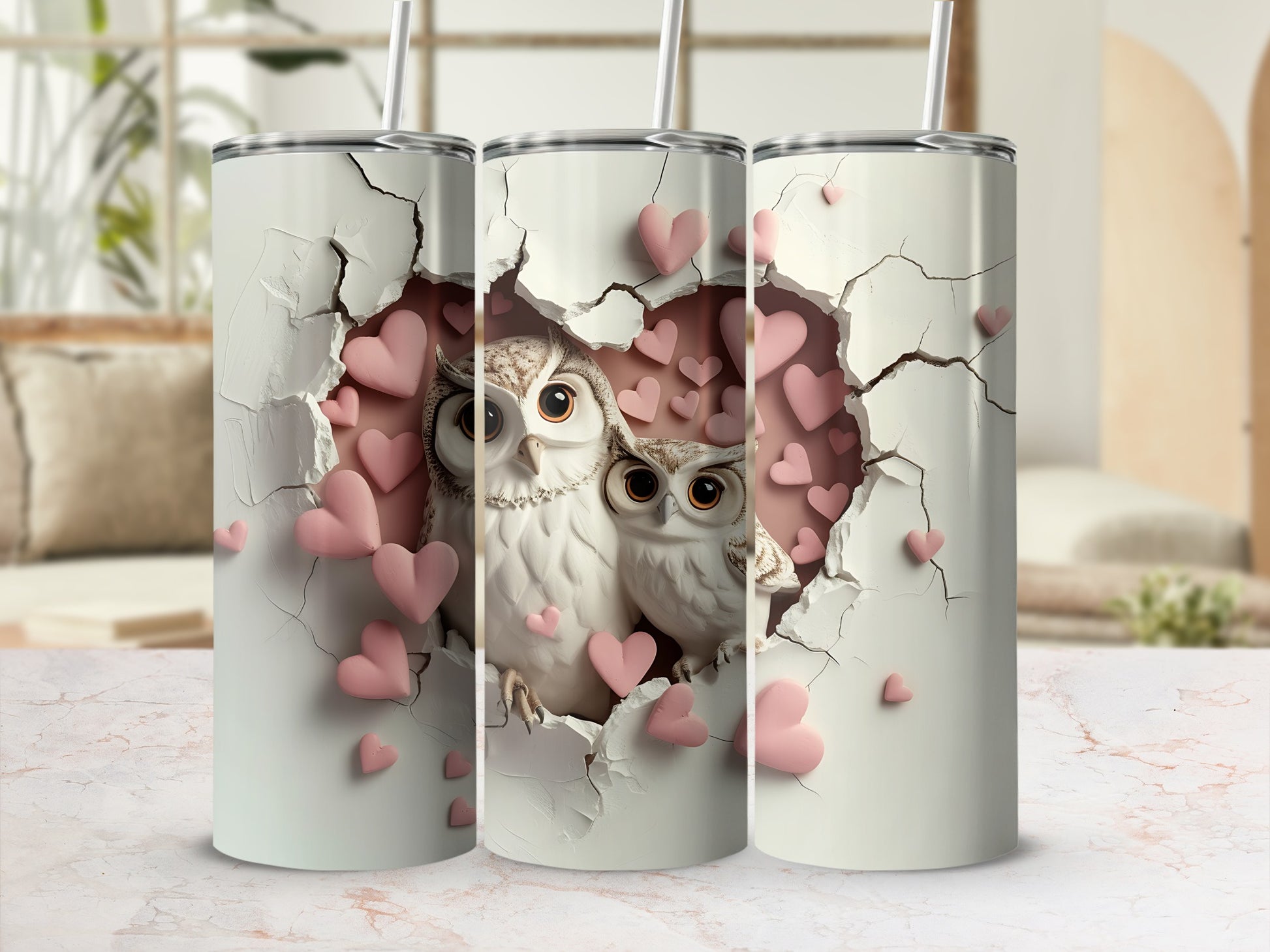 Two owls with pink hearts on a cracked white tumbler.