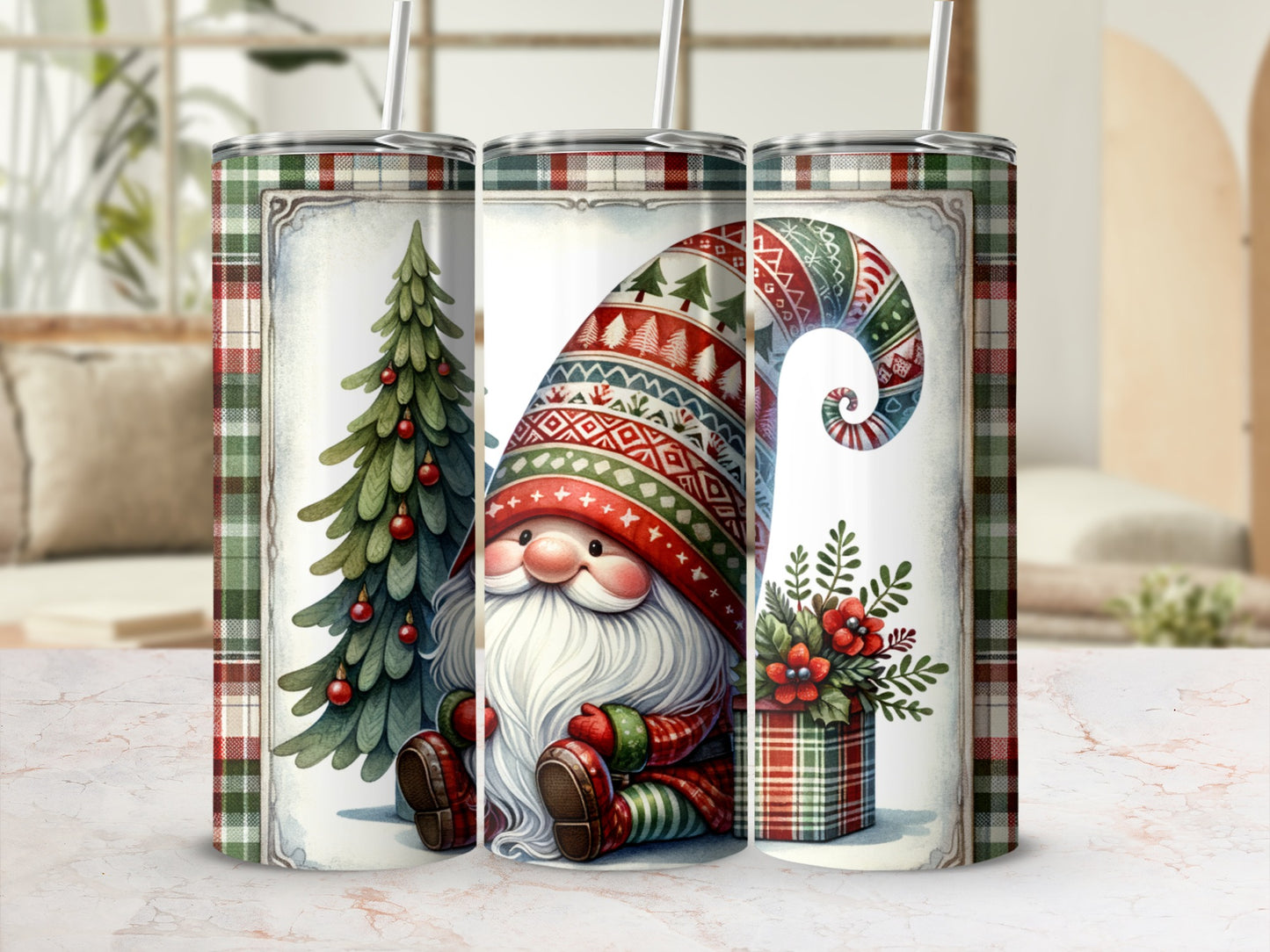 Gnome with Christmas tree and gift, plaid border, festive winter design.