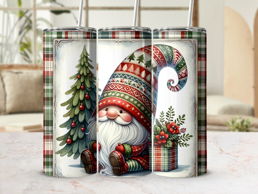 Gnome with Christmas tree and gift, plaid border, festive winter design.