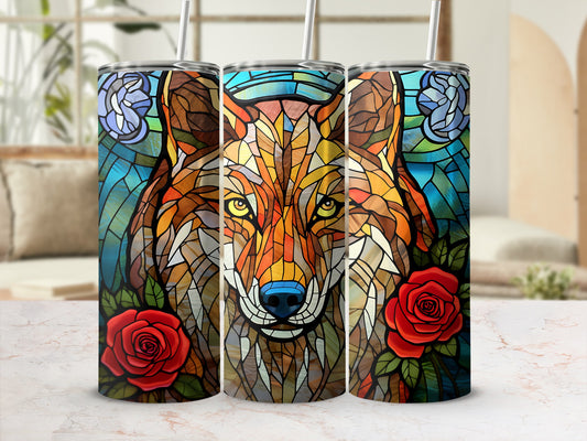 Wolf stained glass art on a tumbler with red roses and blue accents.