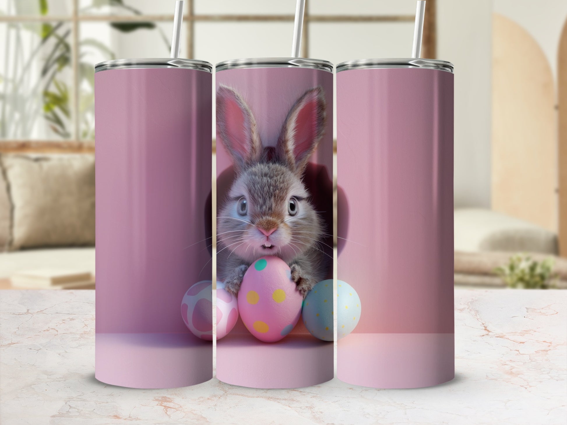 Pink tumbler with a cute bunny peeking from behind Easter eggs.