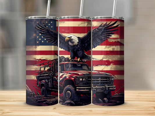Red truck and eagle against US flag background on three tumblers.