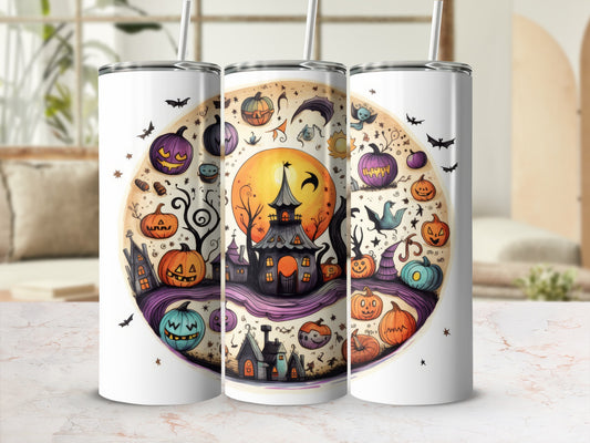 Three tumblers with a watercolor Halloween design of pumpkins, haunted houses, and bats.