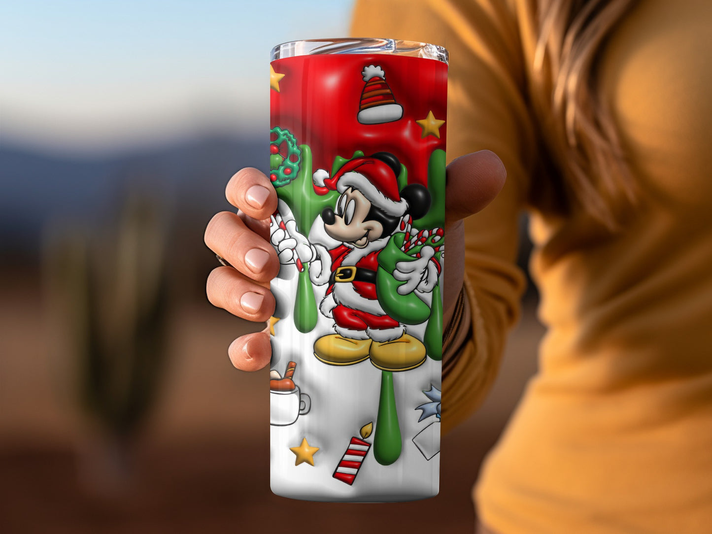 Festive Santa Mouse Holding Candy Cane Travel Mug