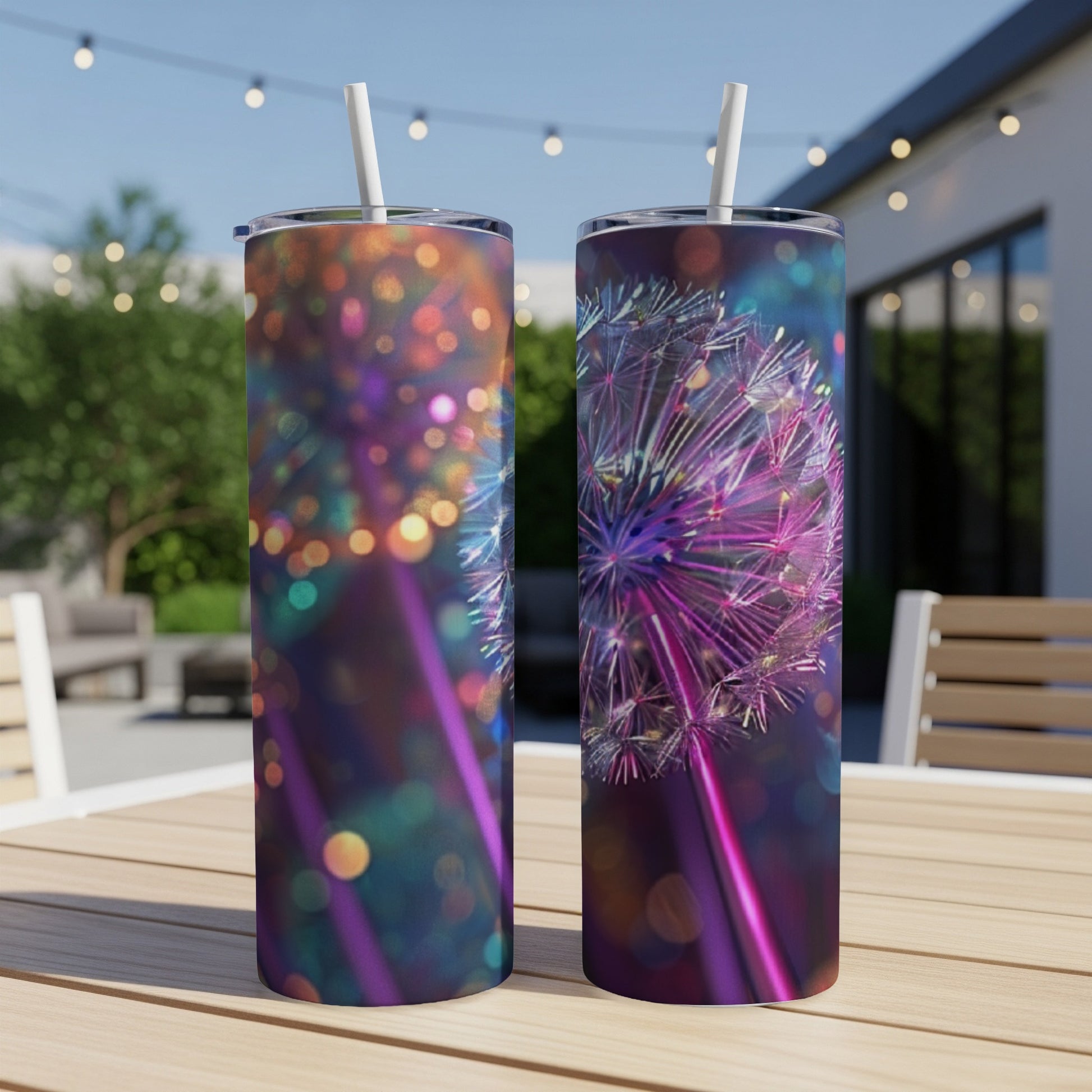 Two tumblers with a dandelion and bokeh background.