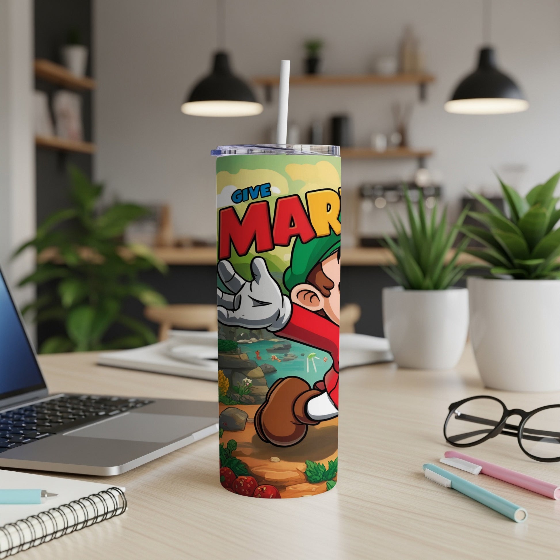 Mario with outstretched hand on a colorful, graphic tumbler.