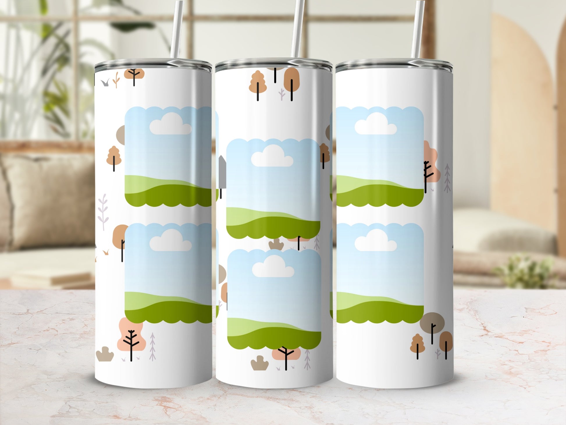 Three tumblers with a whimsical forest and sky pattern, featuring abstract trees and clouds.