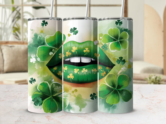 St. Patrick's Day lips design on three tumblers with shamrocks and gold accents.