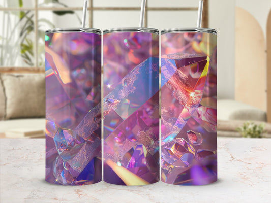 Three tumblers with colorful, abstract crystal patterns in a mockup.