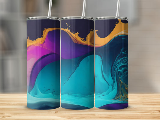 Three tumblers with abstract purple, pink, and teal swirling liquid art.