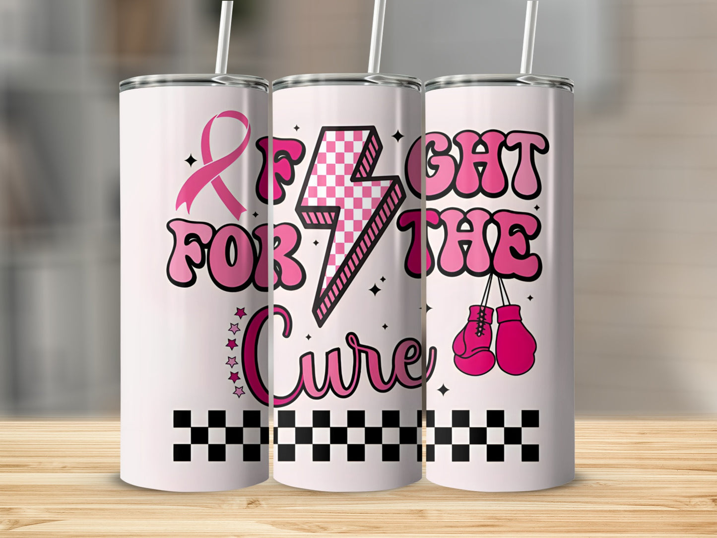 Pink ribbon, lightning bolt, and boxing gloves: Fight for the Cure tumbler.
