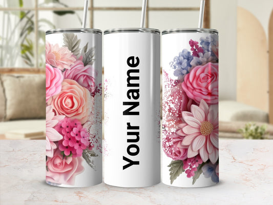 Floral Themed Personalized Tumbler With Straw