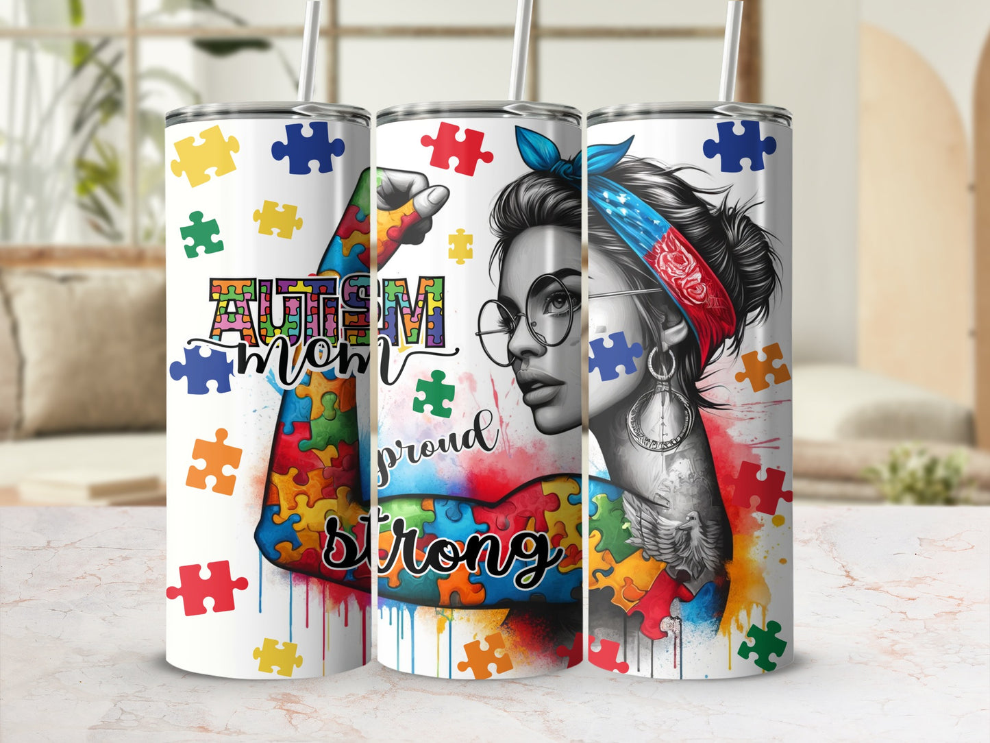 Autism Mom proud strong tumbler with puzzle piece graphics and a woman.