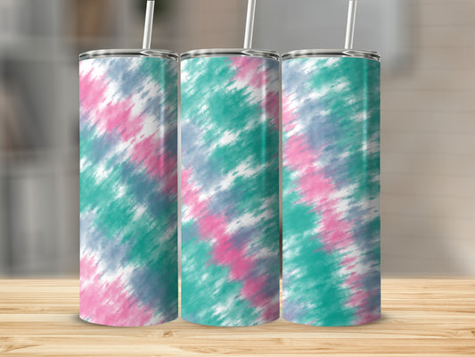 Three tumblers with tie-dye pattern in pink, teal, and gray.